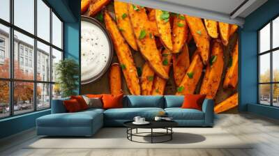 Delicious freshly baked sweet potato fries served with a side of creamy ranch sauce Wall mural