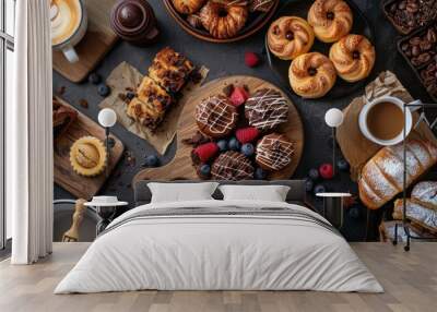 Delicious pastries sweets and coffee presented on the table food concept with a top view Wall mural