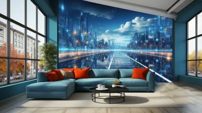 depiction of trail lights and building light reflections in a futuristic city at night representing  Wall mural