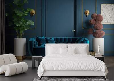 Design for a chic contemporary living room with a blue velvet sofa, a pouf, a side table in gold metal, some potted plants, and some contemporary decorative accents. Interior wall painted a deep blue Wall mural