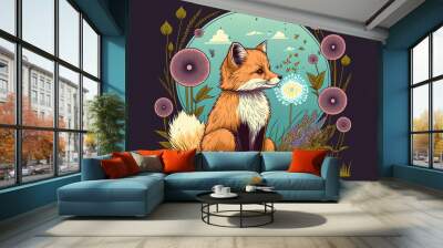 Discover ten hidden items. a kid's educational game. While reading a book, the fox blows on a dandelion. based, colored artwork. Generative AI Wall mural