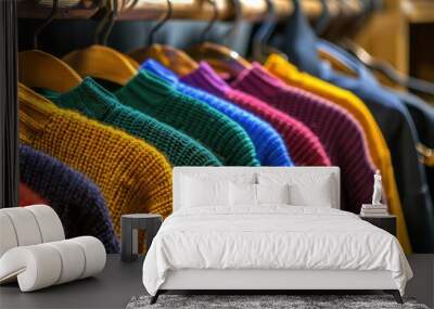 Display of hangers with sweaters and vibrant t shirts Wall mural