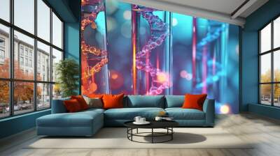 DNA in healthcare and science technology, chromosomal structure, test tube with sample chemicals in chemistry, biology, and biotechnology lab, innovative medicine and medical research, glassware. Wall mural