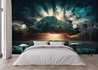 Dramatic seascape with darkening clouds and a white capped ocean before a storm. Generative AI Wall mural