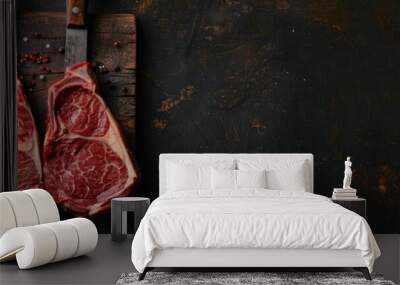 Dry aged wagyu ribeye beef steaks displayed from above on a rustic knife, with plenty of room for text. Wall mural