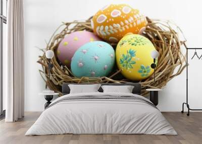 Easter Eggs In A Nest On A White Background Wall mural