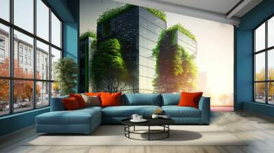 eco friendly construction in a contemporary metropolis. A sustainable glass building with green tree branches and leaves for lowering heat and carbon dioxide. Green workplace office building. Green li Wall mural