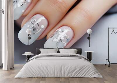 Elegant bridal nail design with delicate tones and rhinestones Close up With copyspace for text Wall mural