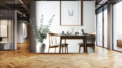 Elegant interior of a Scandinavian dining room with mock up poster frame, wooden table, chairs, cups of coffee, and flowers in vases. able can be used. Template. modern interior design. Generative AI Wall mural