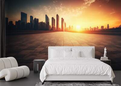 Empty floor platform with contemporary city skyline in the distance and a sunset view. Generative AI Wall mural