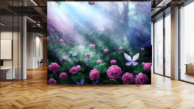 Enchanted fairy tale forest with magical shining window in hollow of fantasy pine tree elf house, blooming fabulous giant pink rose flower garden, flying magic blue peacock eye butterfly, copy space Wall mural