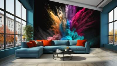 eruption of colorful dust particles against a pitch black backdrop. Powder splattered abstract background, freeze frame of exploding throwing powder in a rainbow of colors. Generative AI Wall mural