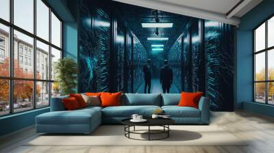 Exchanging cyber data in a server room. Generative AI Wall mural