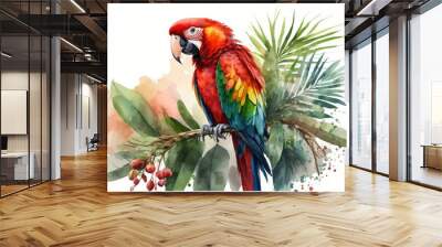 Exotic parrot, tropical fronds, and a palm tree are depicted in this watercolor flowery watercolour. Red macaw. Generative AI Wall mural