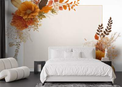 Fall floral rectangular corner border on white backdrop with watercolor flowers, orange and brown foliage, and writing space. Autumn themed invitation and frame anime style hand painted drawing Wall mural