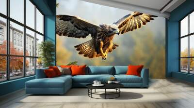 Fall wildlife scene in the forest Buzzard landing on spruce tree branch Wall mural