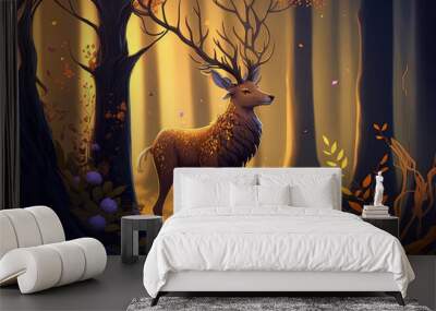 Fantastic, realistic, and futuristic style of a deer in a forest. Digital CG Artwork, Concept, and Realistic Cartoon Scene Design for Video Games. Generative AI Wall mural