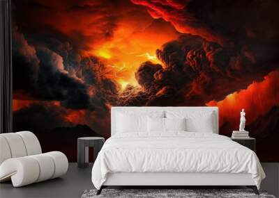 Fantastic fantasy style mystical horror background from a different planet in the paranormal world. ominous demonic clouds, a dramatic crimson, black, and orange sky, and dreadful shadows and light Wall mural