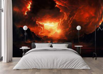 Fantastic fantasy style mystical horror background from a different planet in the paranormal world. ominous demonic clouds, a dramatic crimson, black, and orange sky, and dreadful shadows and light Wall mural