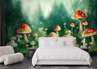 Fantasy enchanted fairy tale forest with giant mushrooms, magical elf or gnome house with shining window in pine tree hollow and flying fairytale magic butterflies leaving path with luminous sparkles Wall mural