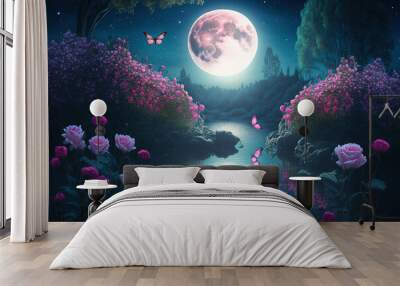 Fantasy wonderful enchanted fairy tale scene featuring a woodland lake, a fantastic pink rose garden from a fairy tale, two butterflies, and a mystery blue background with a shining moon ray in the ev Wall mural