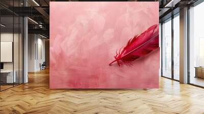 Feather against a soft pink background in deep red Wall mural