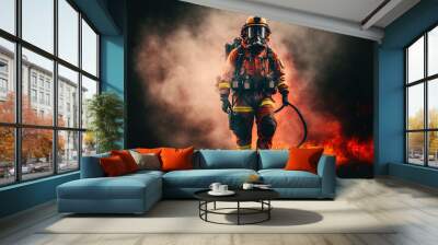 firefighter training., fireman using water and extinguisher to fighting with fire flame in an emergency situation., under danger situation all firemen wearing fire fighter suit for safety. Generative Wall mural