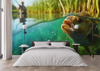 Fishermen catch a large freshwater fish called a bronze bream or carp bream using a fishing rod near green reeds. Wall mural