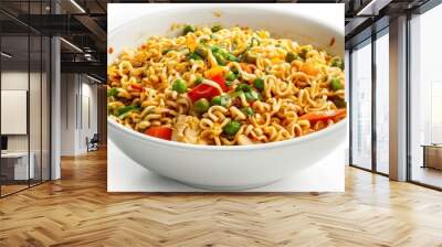 Flavorful curry flavored instant noodles with chicken and vegetables displayed on a white background Wall mural