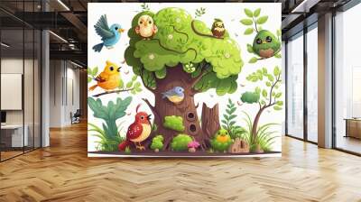 Forest and birds in a children's cartoon depiction of nature. Generative AI Wall mural