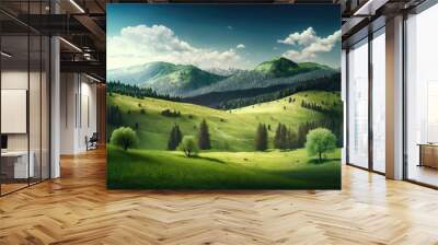 Forested hills and meadows with grassy terrain. scenes of springtime alpine landscapes stretching up to a horizon line. Cloudy sunshine. A natural setting bathed in soft, green light. Generative AI Wall mural