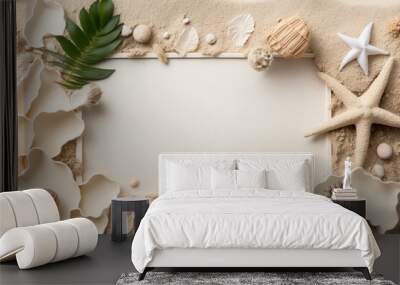 Framed in sand with eucalyptus and seashells. Cord, starfish.Copy space on a monochromatic off white flat lay. Summer welcome text frame. Generative AI Wall mural