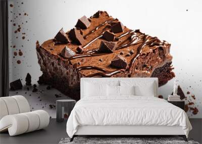 Fresh brownie pieces on a white background. tasty chocolate pie. Generative AI Wall mural