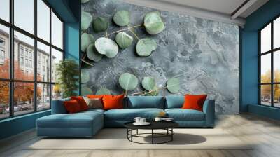 Fresh Leaves Of Eucalyptus Plant On Stone Background As A Natural Card Concept Wall mural