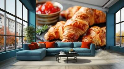 Fresh mini croissants with fruit jam on rustic background Enjoyable breakfast setting Wall mural