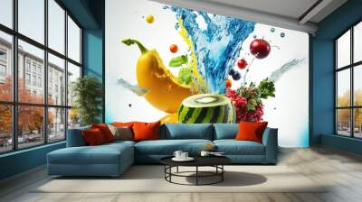 fresh vegetables and fruits of all colors pouring into blue Healthy food diet freshness concept with clear water splash on a white background. Generative AI Wall mural