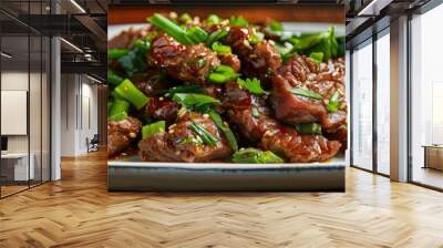 Fried meat accompanied by cowpea stalks, featuring Asian culinary elements, serves as a delicious meat appetizer. Wall mural