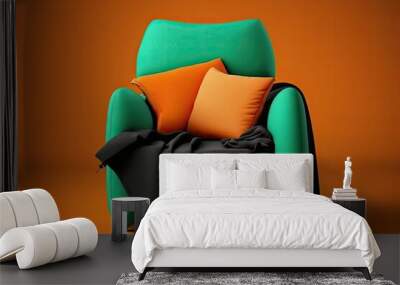 Front view 2 of a plush, orange designer recliner adorned with a green throw pillow. Generative AI Wall mural