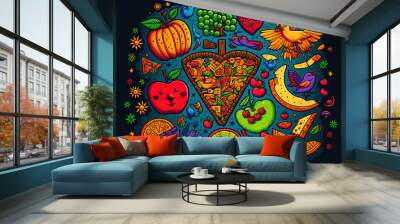 Fruit Jigsaw Children's hidden treasures Find the images' occult items. Find the butterfly, two cats, four birds, a parrot, a cup, a star, a heart, an ax, wheat, bread, and a child's face. a hand draw Wall mural