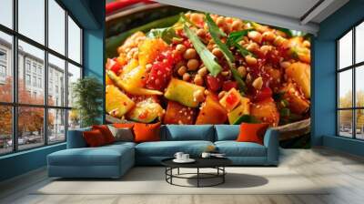 Fruit Salad with Fresh Tropical Fruits in a Sweet, Sour, and Spicy Sauce Garnished with Crispy Peanuts Wall mural