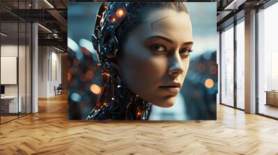 Futuristic AI robotic team with leader human robot portraits industrial group of cyborg machines on factory background with copyspace for text Wall mural