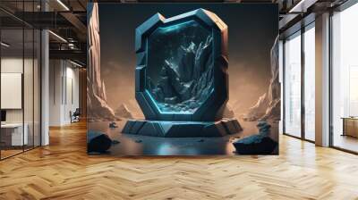 Futuristic sci fi background, futuristic product display pedestal, blank product stand, and rock cave background. Generative AI Wall mural