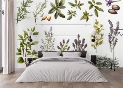 Garden herbs on a white background. Thyme, Rosemary, Lavender, and Oregano mixed with fresh spices. Generative AI Wall mural