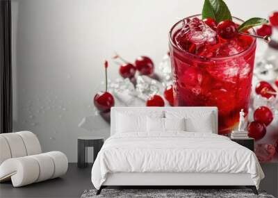 Garnished cocktail with cherry fresh cranberry juice and ice isolated view with text space Wall mural