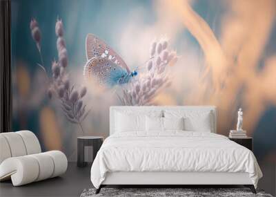 Gentle natural background in pastel colors with a soft focus of blue shades. Wild meadow grass and butterfly in spring in nature macro. Beautiful summer meadow, inspiration nature. Generative AI Wall mural