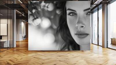 Gorgeous brunette girl in cherry orchard B&W photo, close-up. Wall mural