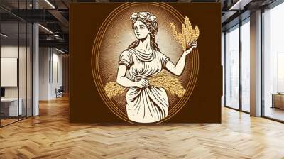 Greek goddess holding wheat in an illustration from ancient Roman mythology. Design templates for beer, bakeries, or cosmetic companies. Generative AI Wall mural