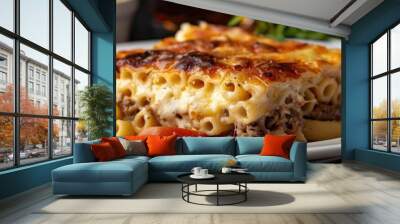 Greek Pastitsio with macaroni lamb cheese tomatoes and bechamel sauce on a white plate Wall mural