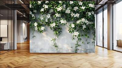 Green Bush With White Flowers On The Wall Wall mural