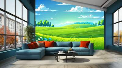 Green field and blue sky in spring.Great as a background. Generative AI Wall mural